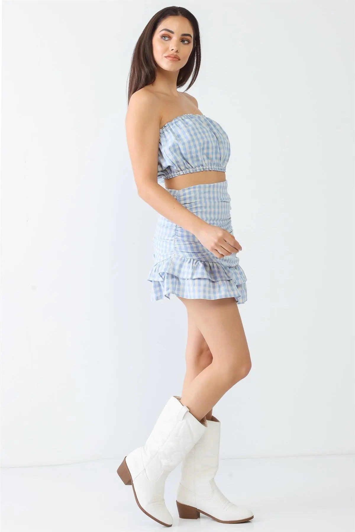 Plaid Strapless Crop Top & Flare Hem Mini Skirt