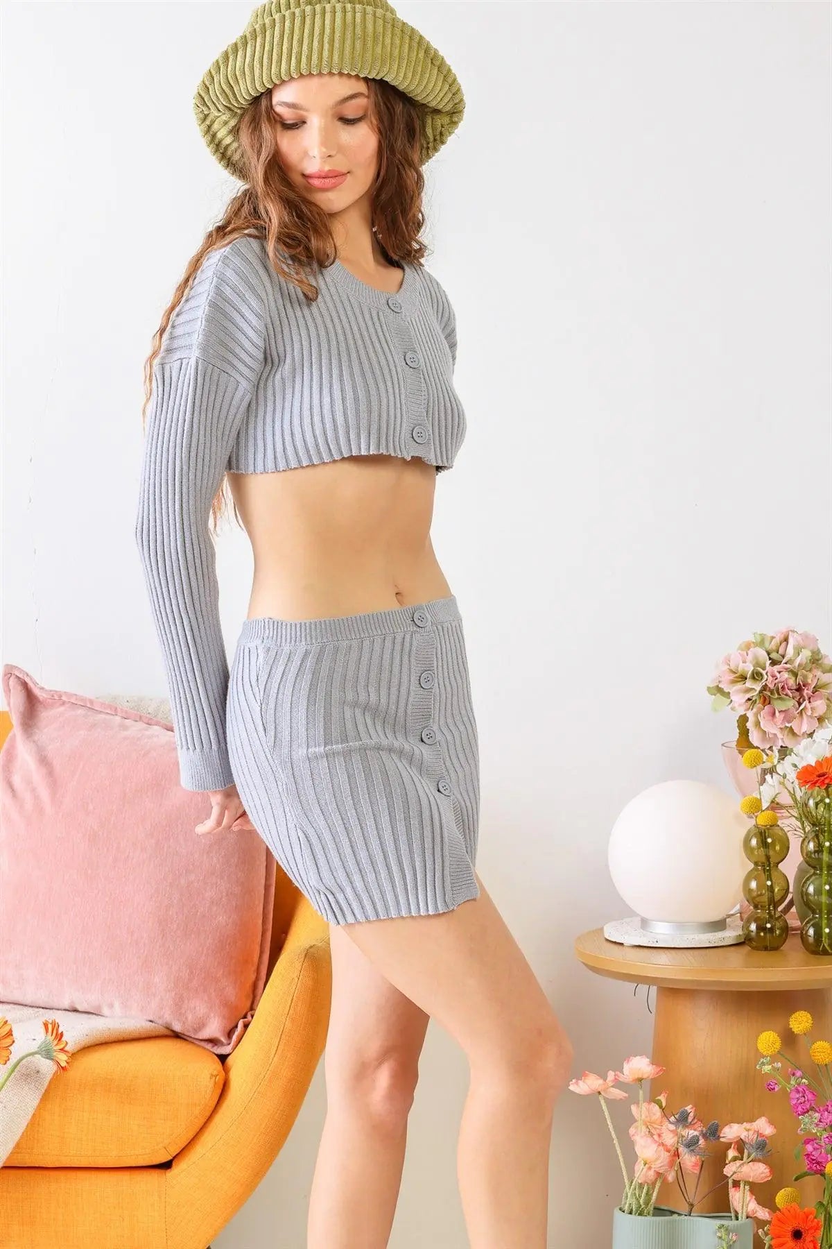 Dusty Blue Ribbed Knit Button-Up Long Sleeve Crop Top & High Waist Button Mini Skirt Set Set /1-2-2-1