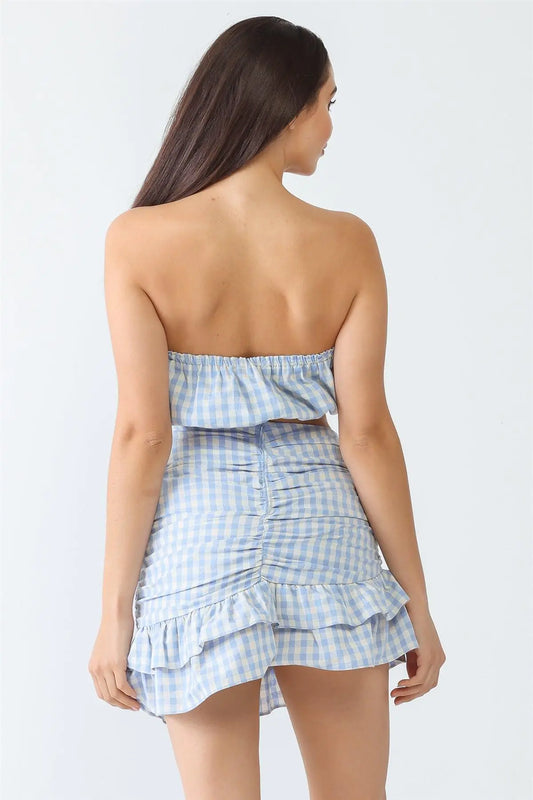 Plaid Strapless Crop Top & Flare Hem Mini Skirt