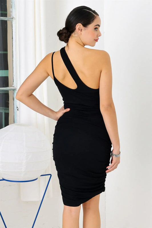 Women's Black Ribbed One-Shoulder Midi Dress