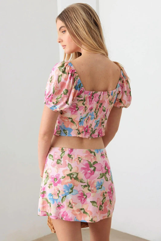 Floral Puff Sleeve Crop Top & Mini Skirt